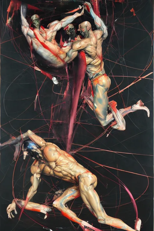 Prompt: two muscular men entwined, floating inside a brutalist space ship, gothic, rich deep colours, painted by francis bacon, adrian ghenie, james jean and jenny saville, part by gerhard richter, part by takato yamamoto. 8 k 3 d