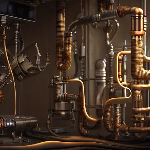 Image similar to 3D photorealistic render of a steampunk🫀, connected trough wired, on a advanced lab, octane render, 4k, unreal 5, very detailed, trending on artstation