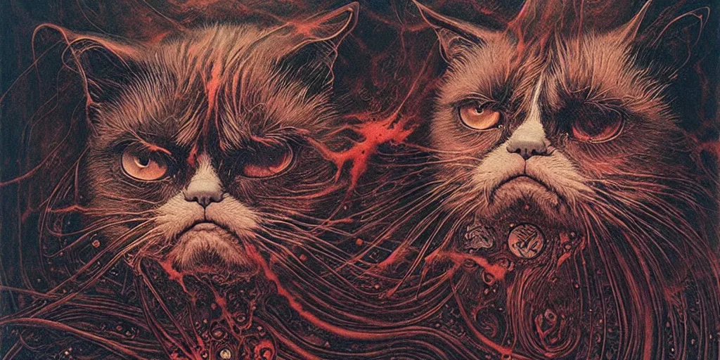 Image similar to a spirit of grumpy cat, red lake, рhighly detailed, holland angle, art by Ayami Kojima, Beksinski, Giger