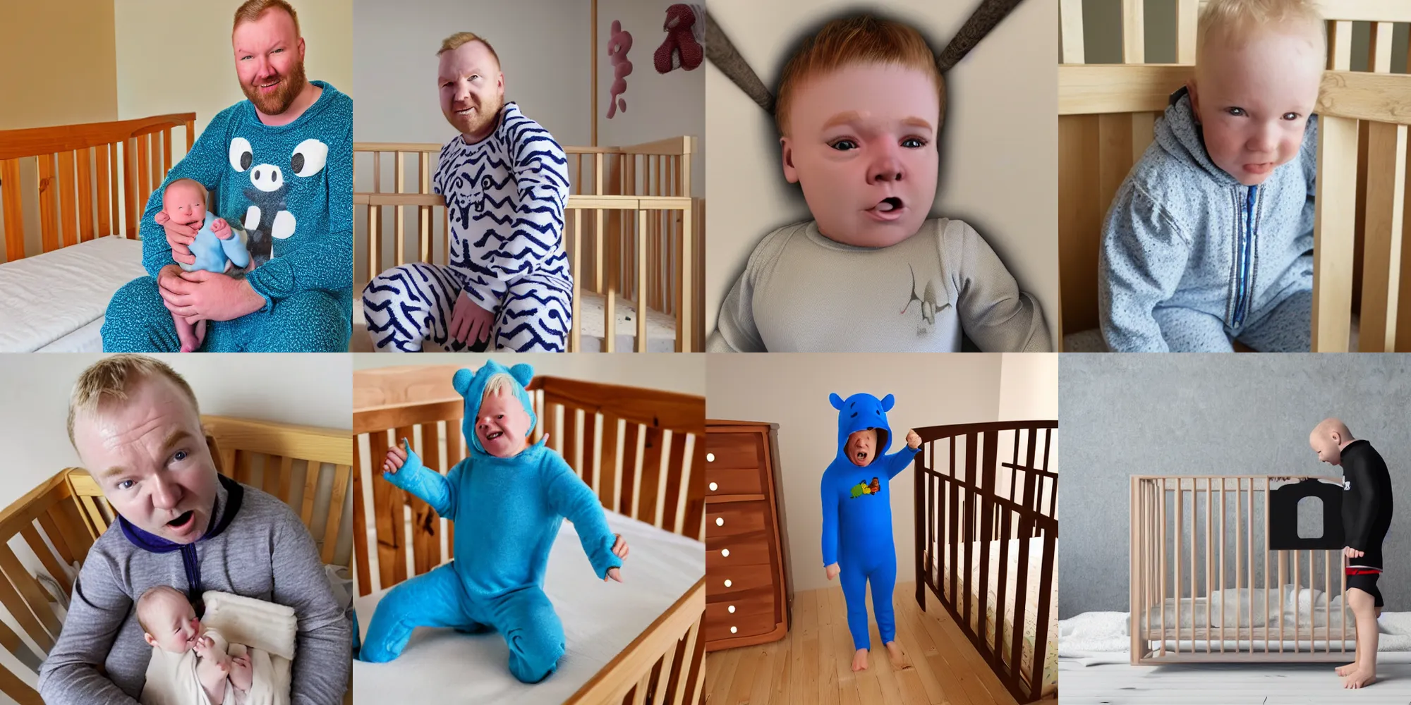 Prompt: john moxley wearing a onesie in a crib, 8 k, 3 d, childs bedroom, angry, crying