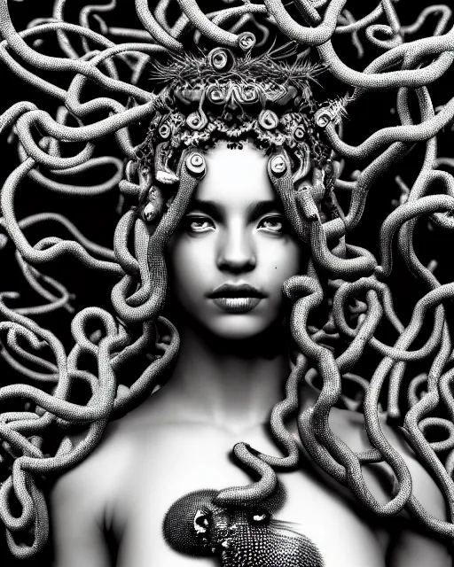 Image similar to surreal mythical dreamy artistic black and white fine art photo of a beautiful young female queen - medusa - cyborg covered with metal fish scales and translucent algae, highly detailed, intricate crystal ivy jelly fish scales ornate, poetic, octane render, 8 k, photo - realistic