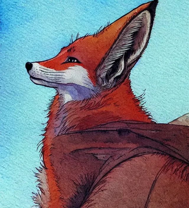 Image similar to a 3 / 4 view watercolor ink painting of a fox as a witch in the style of jean giraud in the style of moebius trending on artstation deviantart pinterest detailed realistic hd 8 k high resolution