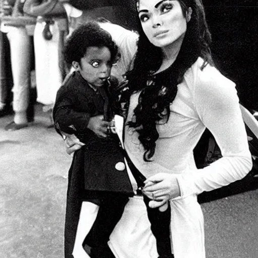 Image similar to michael jackson in a wonderwoman suit holding a baby