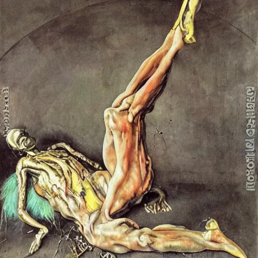 Prompt: a highly detailed painting of an elegant male dancer on flamingo legs by salvador dali and vadim stein, in a domed destroyed ballroom splattered with rot and decay by albrecht durer, dramatic lighting