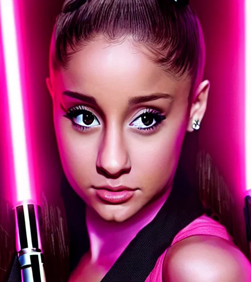 Image similar to A hyper realistic photo of Ariana Grande in the Star Wars universe with two pink lightsabers held in each hand. Maximum detail on artstation, photo realism