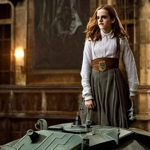 Image similar to Photo of Emma Watson as Hermione Granger on top of a tank in Hogwarts