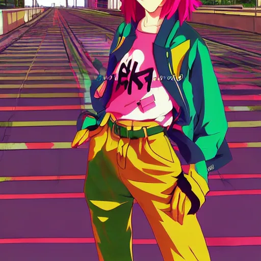 Image similar to anime girl with colorful clothes, eccentric hairstyle, cel - shading, 2 0 0 1 anime, flcl, jet set radio future, golden hour, underground facility, underground tunnel, pipes, rollerbladers, rollerskaters, cel - shaded, jsrf, strong shadows, vivid hues, y 2 k aesthetic