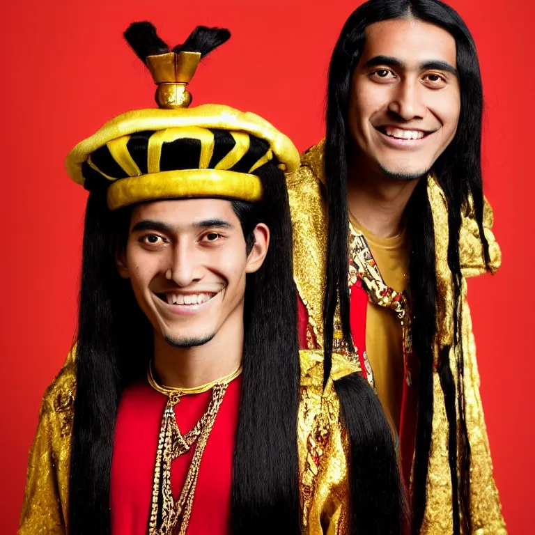 Prompt: A photo of Emperor Kuzco!!!!!!!!!!!!!!!! in his 16s, peruvian looking, with his ((long)) black hair, beardless, smiling with confidence, and wearing!!! his emperor clothes. Portrait by Terry Richardson. Golden hour. 8K. UHD. Bokeh.