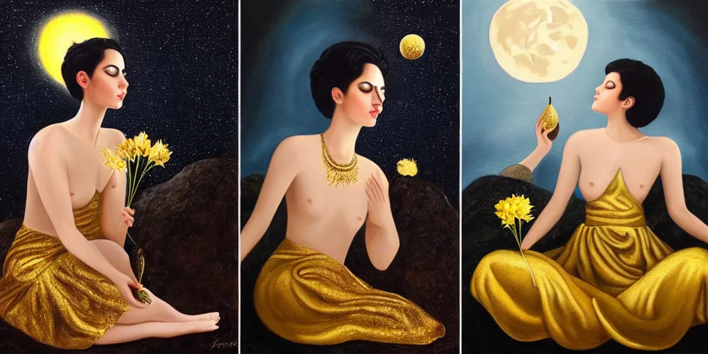 Image similar to very realistic beautiful painting of a goddess with short black hair with golden details in it wearing a long metallic golden skirt covering her whole body holding flowers and levitating a pear, sun on the left moon on the right as she is sitting on a rock at night time, hyper realistic 8K HD, highly detailed