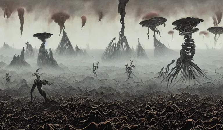 Image similar to still frame from Prometheus by Yves Tanguy and utagawa kuniyoshi, Vast hell plains with resurrecting ornate mycelium cyborgs in style of Jakub rozalski and Simon Stalenhag with character designs by Neri Oxman, metal couture haute couture editorial