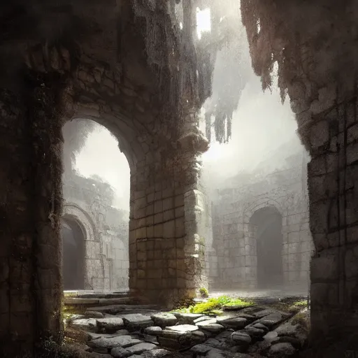 Prompt: Entrance to an ancient dungeon, ruins, ominous, low volumetric lighting, scenery, digital painting, highly detailed, artstation, sharp focus, illustration, concept art, ruan jia, steve mccurry