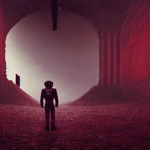 Prompt: astronaut standing in front of a big eerie hell cathedral on a destroyed planet, Zdzisław Beksiński style, black and red background, occult, photo realistic, dark atmosphere