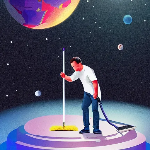 Image similar to a janitor using elon musk as a broom to clean the floor of a dirty empty planet, digital art, trending, award - winning, cinema