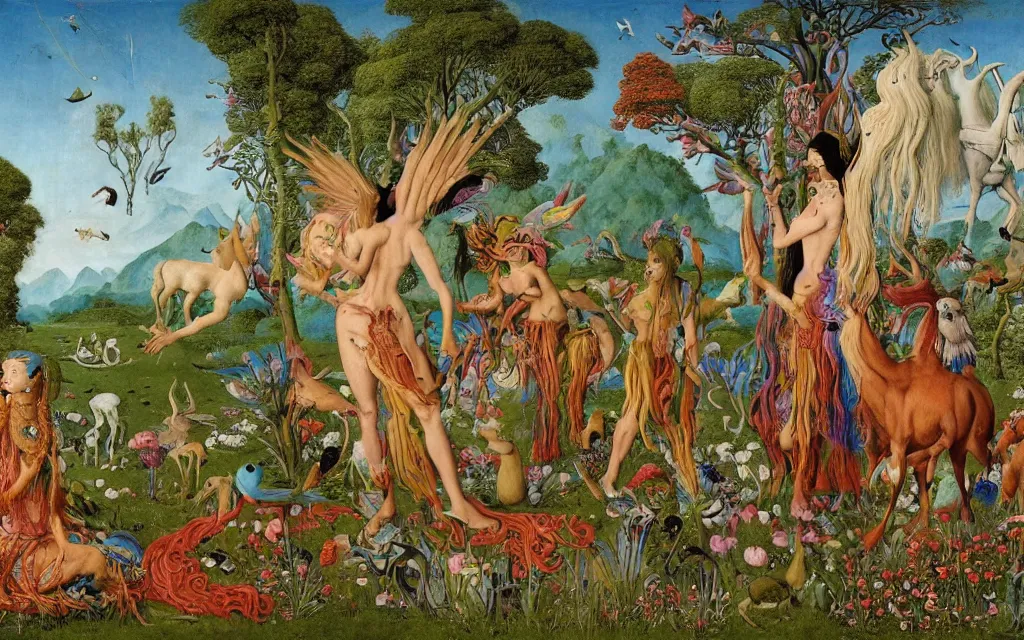 Image similar to a photograph of a meditating centaur shaman and a harpy mermaid feeding animals. surrounded by bulbous flowers, a few trees and wild animals. river delta with mountains and cliffs under a blue sky full of burning stars and birds. painted by jan van eyck, max ernst, ernst haeckel, ernst fuchs and artgerm. trending on artstation