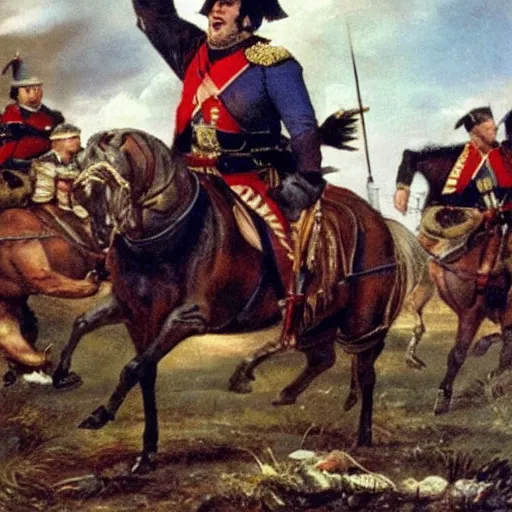 Prompt: Danny DeVito in Napoleonic officer's uniform, riding on horseback in a battlefield