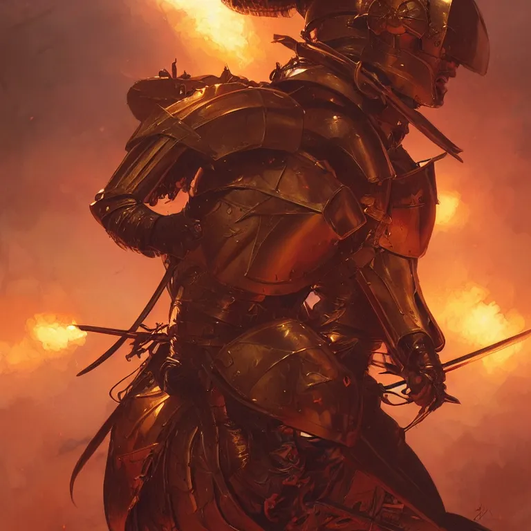 Image similar to commander at the battle field of a medieval war between golden soldiers and black red iron soldiers, dramatic lighting, intricate, wild, highly detailed, digital painting, artstation, concept art, smooth, sharp focus, illustration, art by artgerm and greg rutkowski and alphonse mucha