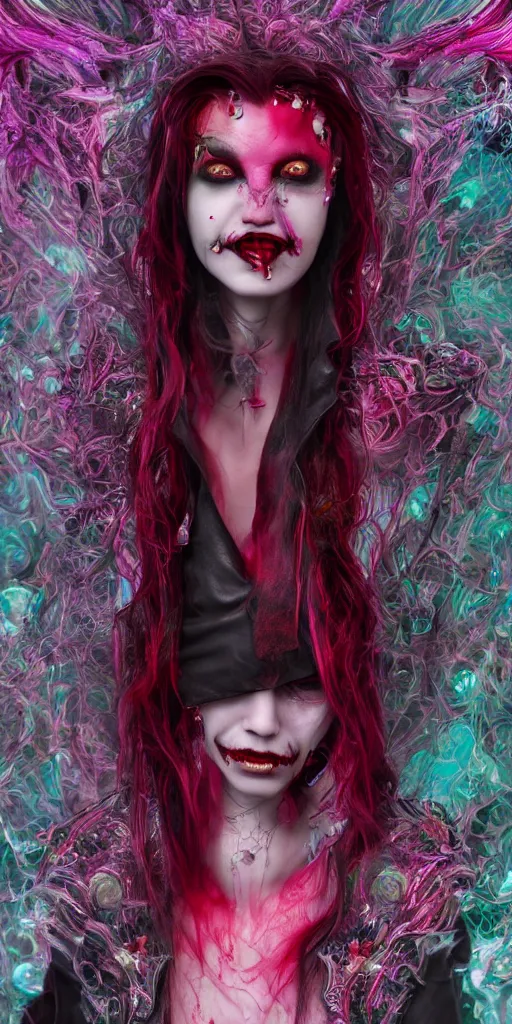 Image similar to impossibly beautiful vampire with large vampire fangs, full body, leather, intricate complexity, surreal horror, psychedelic glitch art, rainbow drip paint, trending on art station, photoreal, 8 k, octane render