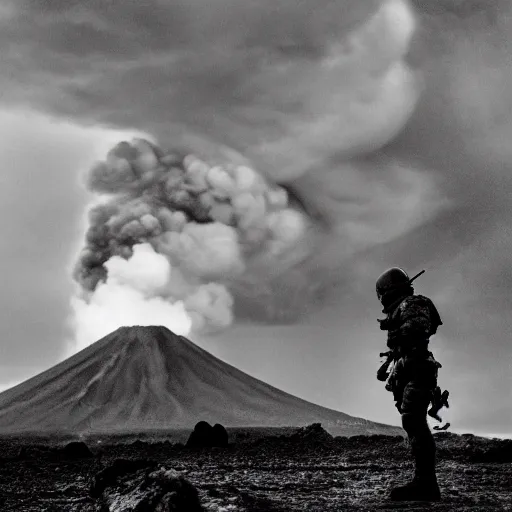 Image similar to A heavy-armored soldier standing infront of an erupting volcano, black and white, professional photography, eerie, cinematic