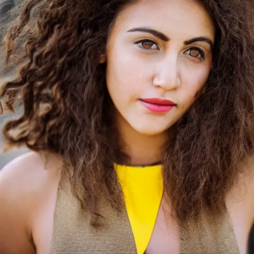 Image similar to close up portrait of a beautiful, attractive brown hair woman, wearing a yellow sundress, in downtown Los Angeles