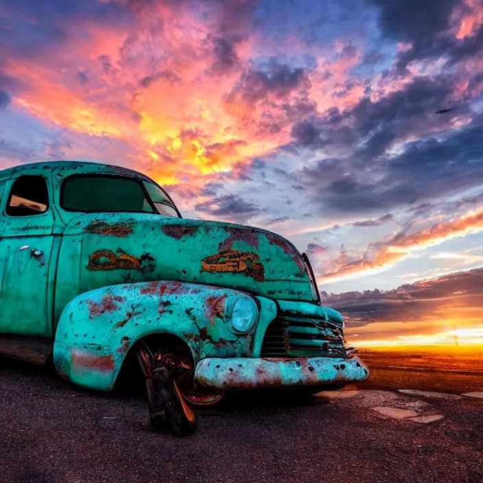 Image similar to a sunset light landscape with historical route 6 6, lots of sparkling details and sun ray ’ s, blinding backlight, smoke, volumetric lighting, colorful, octane, 3 5 mm, abandoned gas station, old rusty pickup - truck, beautiful epic colored reflections, very colorful heavenly, softlight