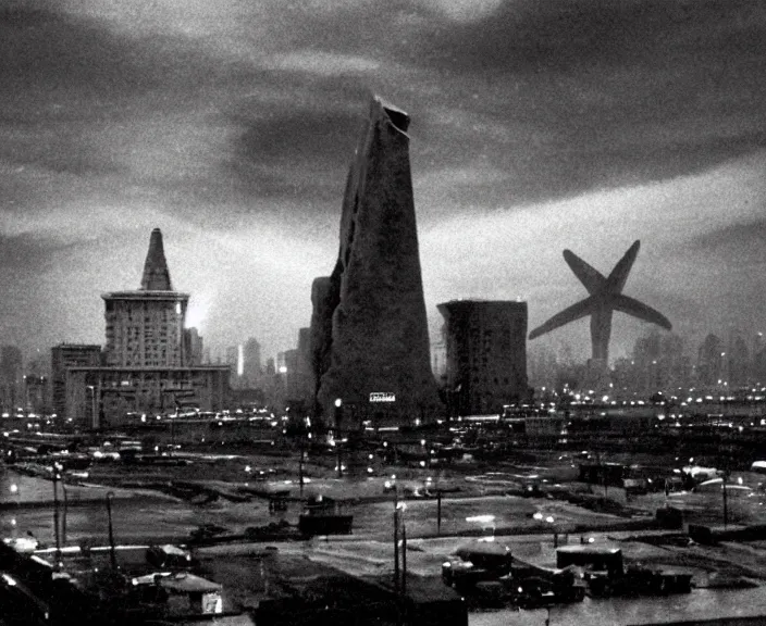 Image similar to Pulgasari the North Korean starfish monster destroying Pyongyang city, volumetric lighting, filmstill, produced by Kim Jong-il, Kodachrome, kaiju-eiga, monster movie, communist propaganda, film noir, 35mm film grain, Cooke Varotal 20-100mm T3.1, in the style of Ishirō Honda and Stanley Kubrick