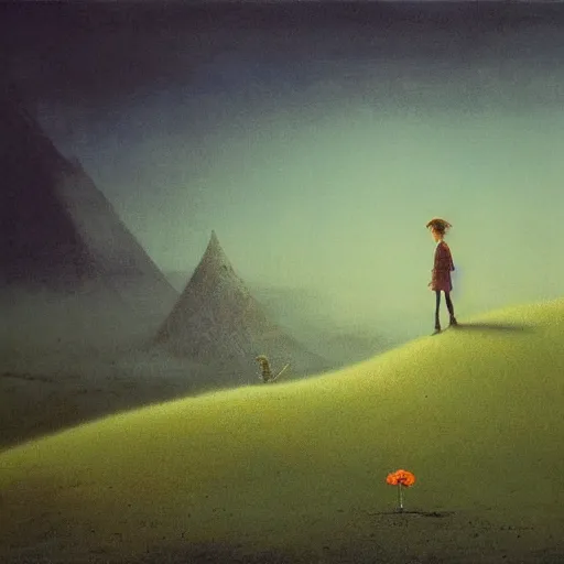 Prompt: a little flower in the middle of a deserted little prince and fox looking at eachother green dark landscape, by Beksinski, hd,