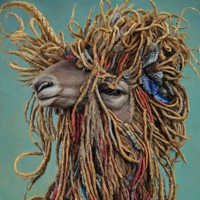 Image similar to llama with dreadlocks, by mandy jurgens, ernst haeckel, el anatsui, james jean