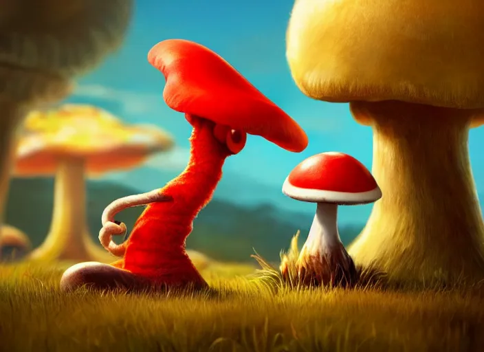 Image similar to a cute dr seuss creature sitting next to a mushroom, golden hour, fantasy, sharp focus, digital art, hyper realistic, 4 k, unreal engine, highly detailed, hd, dramatic lighting by brom, trending on artstation