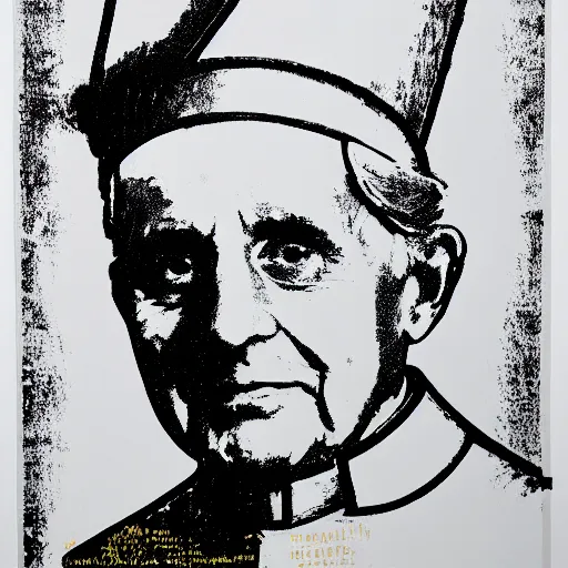 Image similar to portrait of pope benedict xvi wearing tiara on the top of his head in the style of screen print by andy warhol. pop art