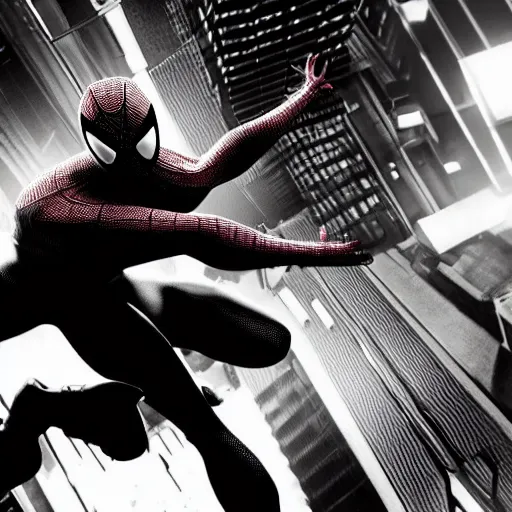 Image similar to SpiderMan vs. Doctor Octopus in Sin City movie, incredibly detailed, photorealistic, black and white, cinematic lighting, trending on artstation, 4k, hyperrealistic