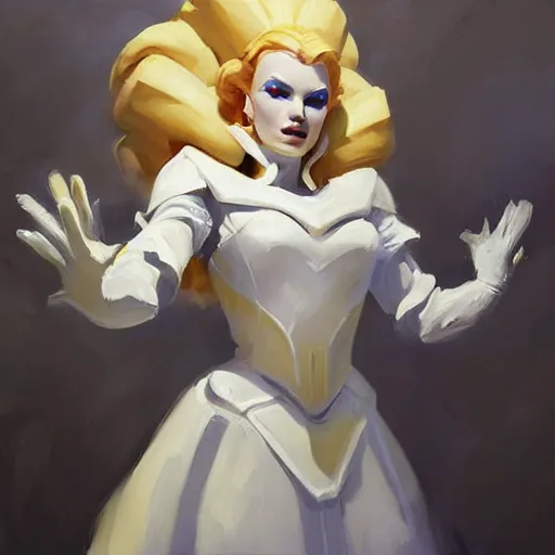 Image similar to greg manchess portrait painting of partially armored white queen from alice in wonderland as overwatch character, medium shot, asymmetrical, profile picture, organic painting, sunny day, matte painting, bold shapes, hard edges, street art, trending on artstation, by huang guangjian, gil elvgren, ruan jia, randy vargas, greg rutkowski