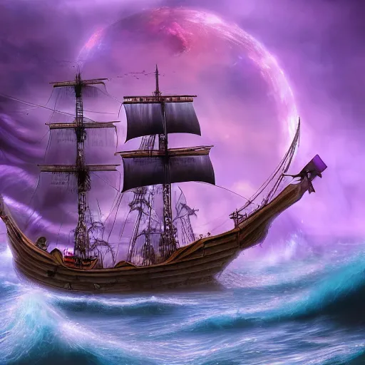 Prompt: pirate ship in violet storm escapes the kraken, 4k wallpaper, digital art, trending on artstation