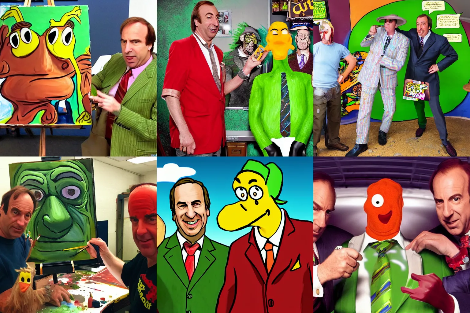 Prompt: Saul goodman being painted green by toejam and earl