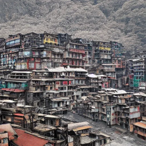 Prompt: Kowloon Walled City in the walls of glacial cavern, snowing, favela, slum