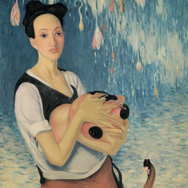 Image similar to tall emo female artist holding a pig's trotter in her flooded kitchen, pomegranates, octopus, water gushing from ceiling, painting of flood waters inside an artist's apartment, a river flooding indoors, ikebana, zen, rapids, waterfall, black swans, canoe, berries, acrylic on canvas, surrealist, by magritte and monet