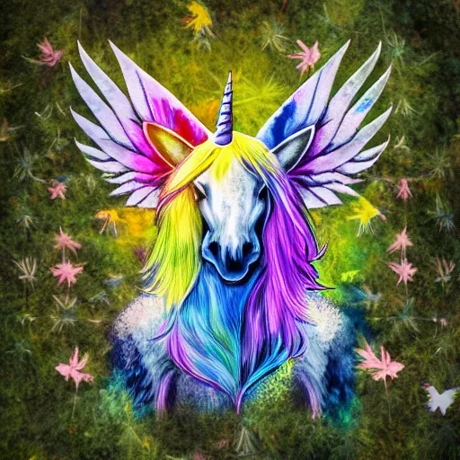 Prompt: a tye - die unicorn with wings eating in a field of marijuana, wildlife photography, 8 k, highly detailed