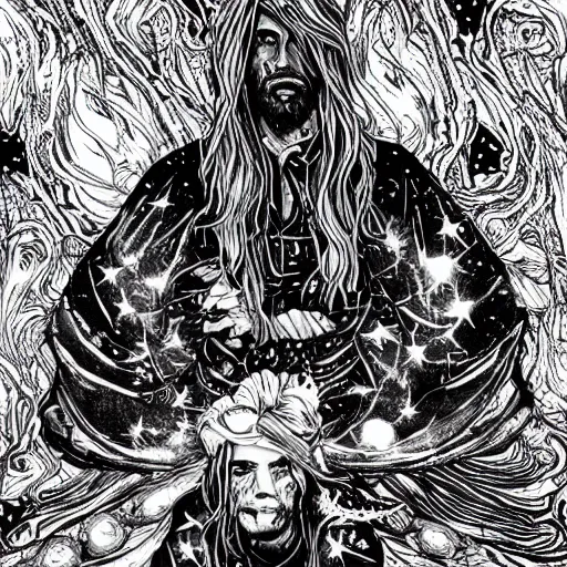 Prompt: black and white pen and ink!!!!!!! attractive Mac Miller x Kurt Cobain wearing High Royal cosmic space robes made of stars final form flowing royal!!! Flowing battle stance Vagabond!!!!!!!! floating magic swordsman!!!! glides through a beautiful!!!!!!! Camellia!!!! Tsubaki!!! death-flower!!!! battlefield behind!!!! dramatic esoteric!!!!!! Long hair flowing dancing illustrated in high detail!!!!!!!! by Yusuke Murata and Hiroya Oku!!!!!!!!! graphic novel published on 2049 award winning!!!! full body portrait!!!!! action exposition manga panel black and white Shonen Jump issue by David Lynch eraserhead and beautiful line art Hirohiko Araki!! Tite Kubo!!!!!, Kentaro Miura!, Jojo's Bizzare Adventure!!!!