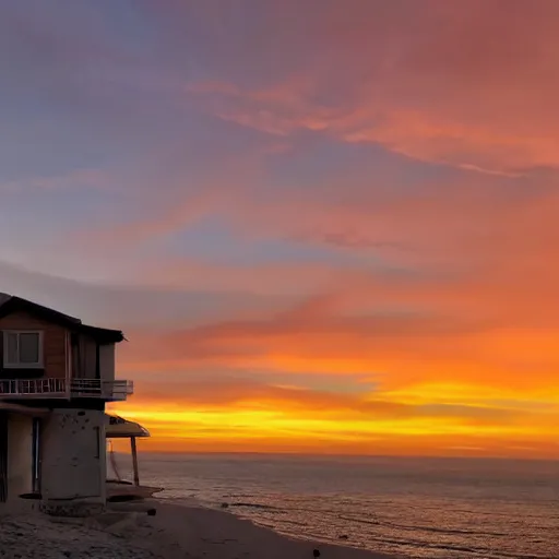 Prompt: a house by the sea during a beautiful sunset