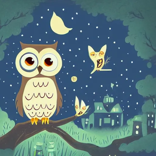 Prompt: a cute cartoon picture of an adorable owl of athena!! next to a a jar of fireflies! in the woods, a storybook illustration by arabella rankin and nyuju stumpy brown, behance contest winner, context art, storybook illustration, pop surrealism, nightscape, digital illustration