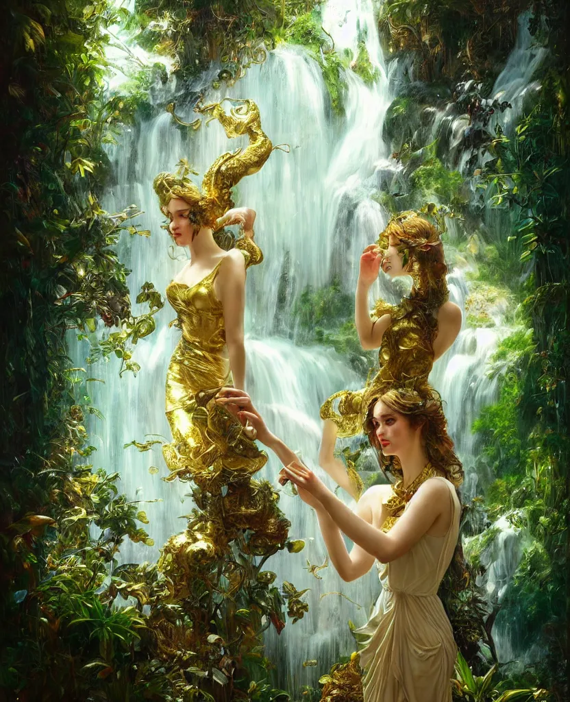 Image similar to hyper realistic photographer looking through a vintage medium format camera, magic pouring from lens, fantasy castle, full body waterfall dress, design on white background, beautiful details, lush foliage cyberpunk, gold, drawn by john singer sargent, tom bagshaw, norman rockwell, alphonso mucha, lolish, trending on artstation