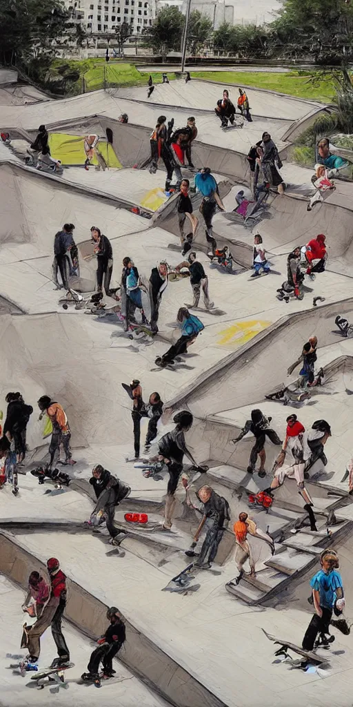 Image similar to oil painting scene skatepark with skaters and ramp by kim jung gi