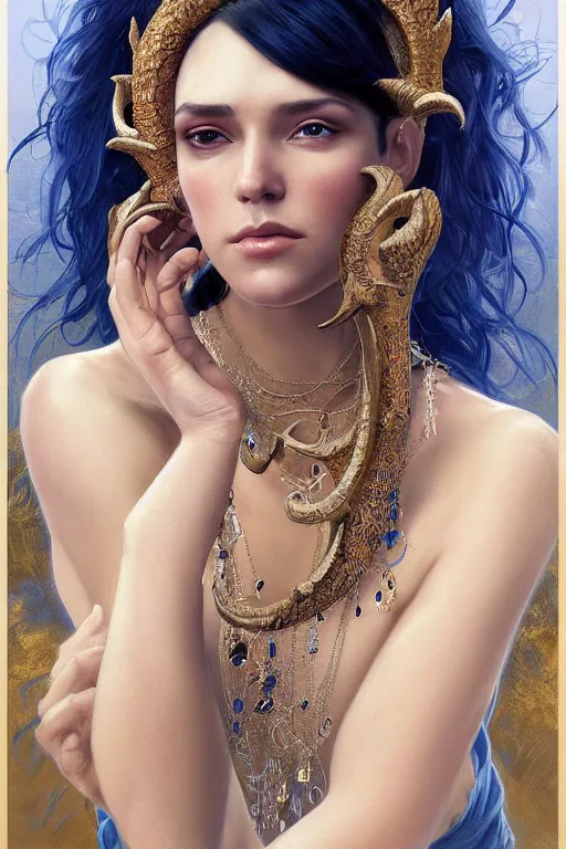 Image similar to a beautiful woman with deep blue skin, big natural ram horns on her head, flowing dress, gold jewellery, dnd, face, fantasy, intricate, elegant, highly detailed, digital painting, artstation, concept art, smooth, sharp focus, illustration, art by artgerm and greg rutkowski and alphonse mucha