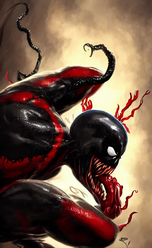 Image similar to venom as deadpool, dynamic lighting, photorealistic fantasy concept art, trending on art station, stunning visuals, terrifying, creative, cinematic