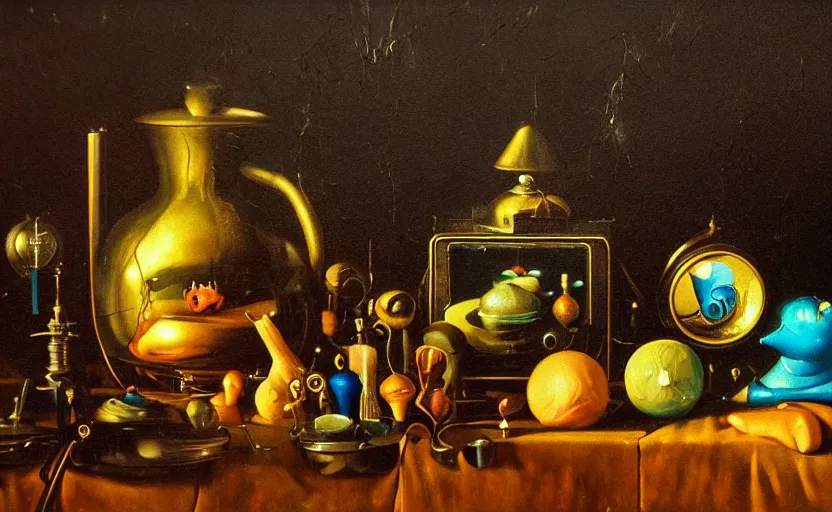 Image similar to disturbing colorful oil painting dark background dutch golden age vanitas still life futuristic sci fi beautiful composition with shiny smooth objects strange lights shiny metal reflections moody lights rachel ruysch dali todd schorr very detailed perfect composition rule of thirds masterpiece canon 5 0 mm, cinematic lighting, photography, retro, film, kodachrome