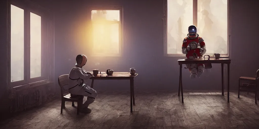 Image similar to a cosmonaut in a spacesuit drinks a steaming cup of tea alone at an old wooden desk in a richly decorated keral house. the autumn light comes in through a window and dimly illuminates the room, diffuse light, octane render, 4k, matte painting