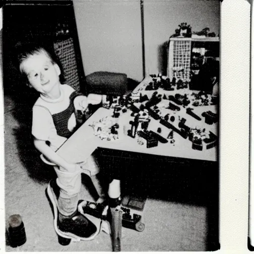 Prompt: a polaroid photograph of a boy building a lego set in his living room on christmas day. 1 9 8 0 s