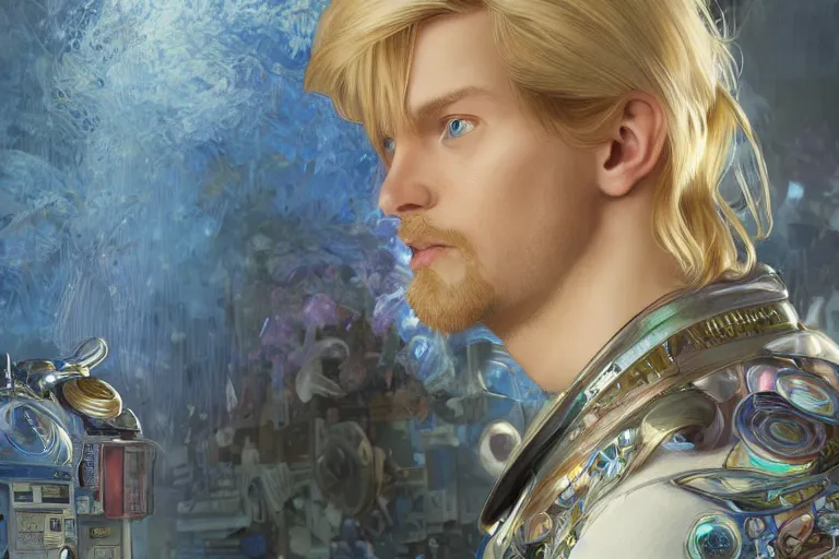 Image similar to a computer graphics artist man with blonde hair, blue eyes, a ballcap in a messy room at the computer animating, ultra realistic, concept art, intricate details, serious, highly detailed, photorealistic, octane render, 8 k, unreal engine. art by artgerm and greg rutk owski and alphonse mucha