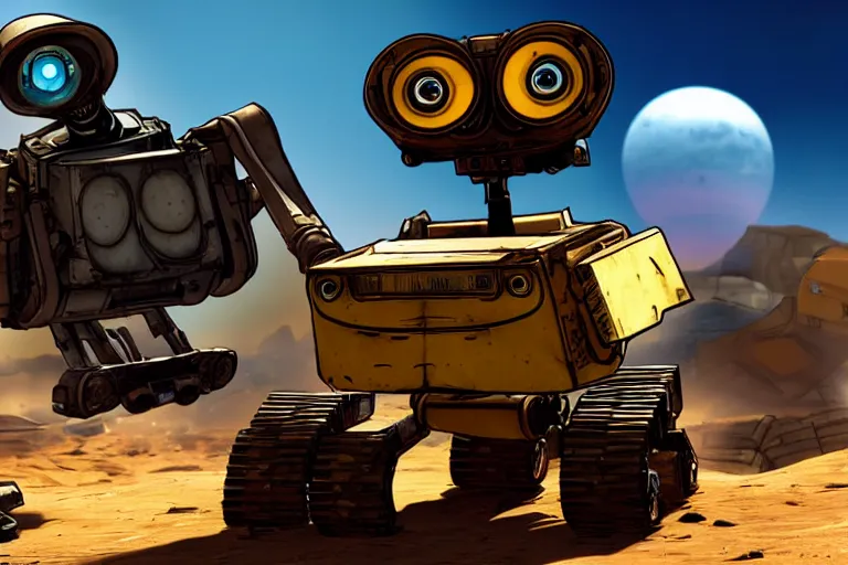 Image similar to wall - e in borderlands style game, heavy detailed, ultra high definition quality, borderlands game engine graphics