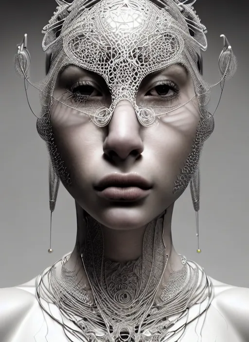 Image similar to portrait of an absurdly beautiful, graceful, sophisticated, fashionable futuristic woman, facial piercings, heavy body modification, hyperdetailed illustration by irakli nadar and alexandre ferra, intricate linework, white porcelain skin, faberge, intricate chrome headdress, dark atmosphere, unreal engine 5 highly rendered, global illumination, radiant light, detailed and intricate environment