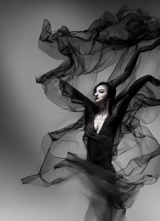 Image similar to a Photorealistic dramatic hyperrealistic render of a glamorous beautiful Female smoke dancer by Ken Brower and Deborah Ory of NYC Dance project,Lois Greenfield,Flowing cloth and smoke,Beautiful dynamic dramatic dark moody lighting,volumetric,shadows,cinematic atmosphere,Octane render,8K